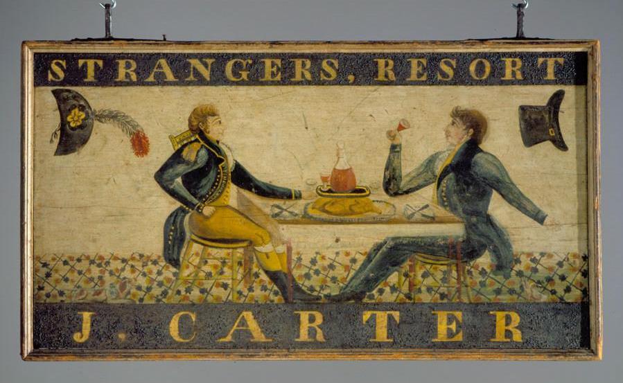 colonial history sign reading "strangers, resort J. Carter" depicting two men in overcoats sitting at a table and drinking having thrown off their hats