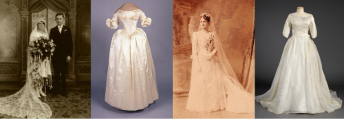 4 portraits of weddings and wedding gowns side by side