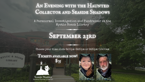 graphic image of an evening with haunted collector and seaside shadows event with both hosts pictures