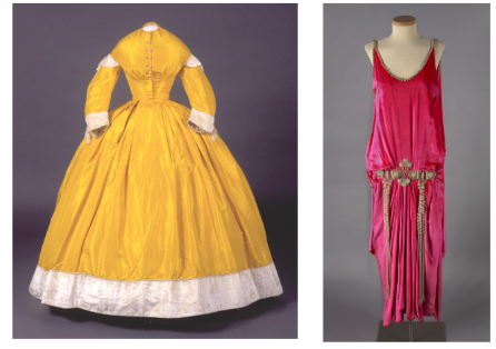 image of two historic dresses side by side. yellow hoopskirt on left pink flappers gown on right