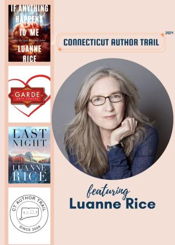 Portrait of Luanne Rice with her most recently published books and sponsors logos