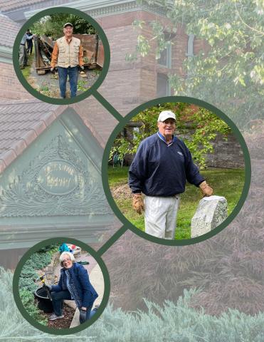 Photos of volunteers from last clean up day on a Mystic & Noank Library back drop.