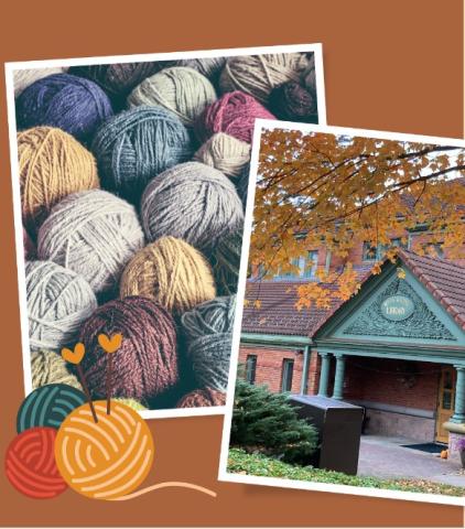 Yarn and a photo of the library in fall.