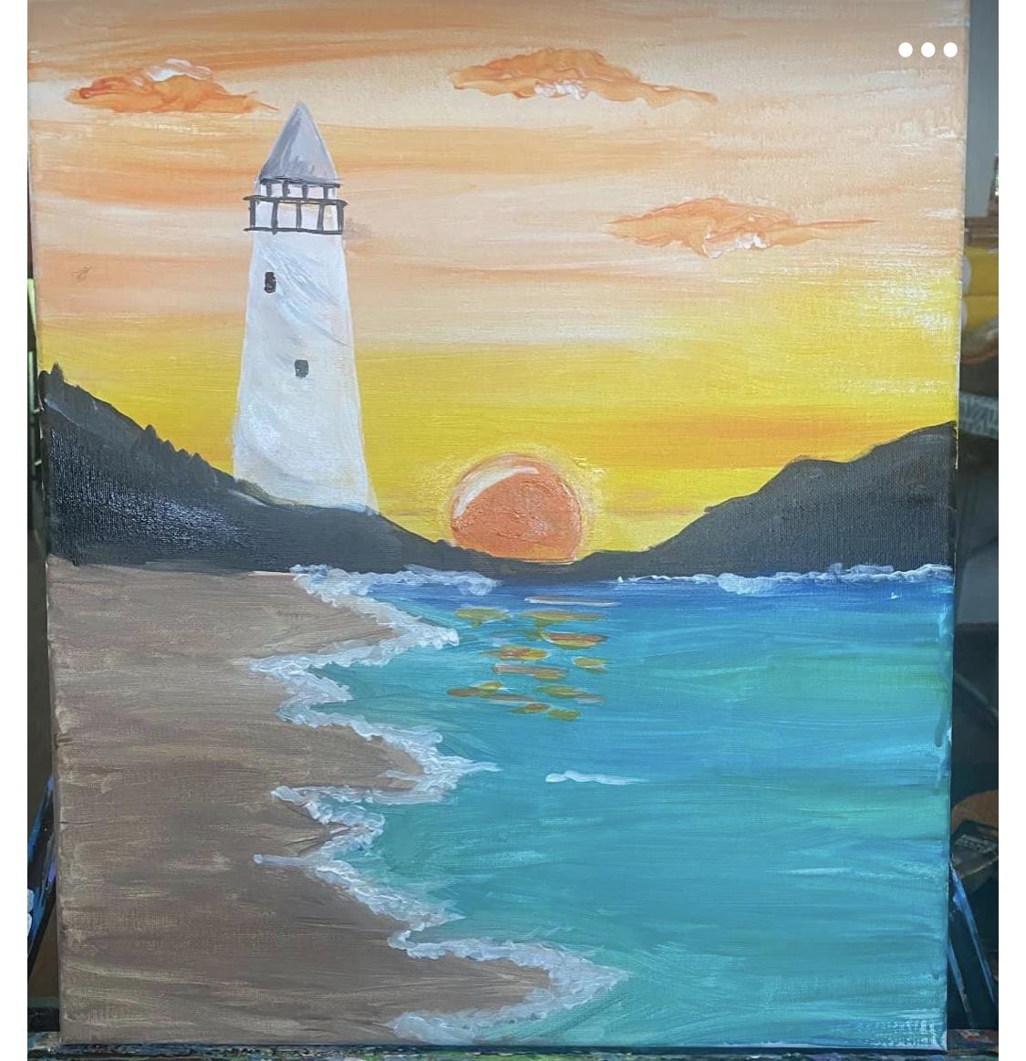 painting of lighthouse next to sunset made for this class